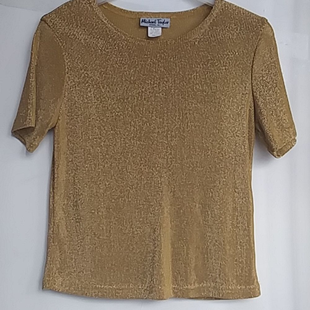 Michael Taylor Womens Vintage Metallic Gold Thread Knit Short Sleeve Shirt Small